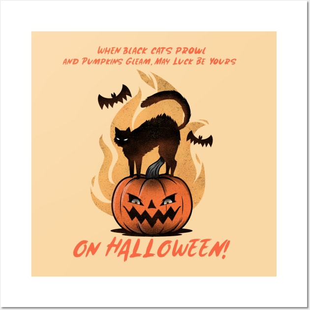 When Black Cats Prowl and Pumpkins Gleam May Luck Be Yours on Halloween! Wall Art by TJWDraws